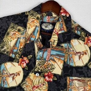 Vtg Straight Down Hawaiian Shirt Mens Large Hula Dancer Postcard Tropical AOP